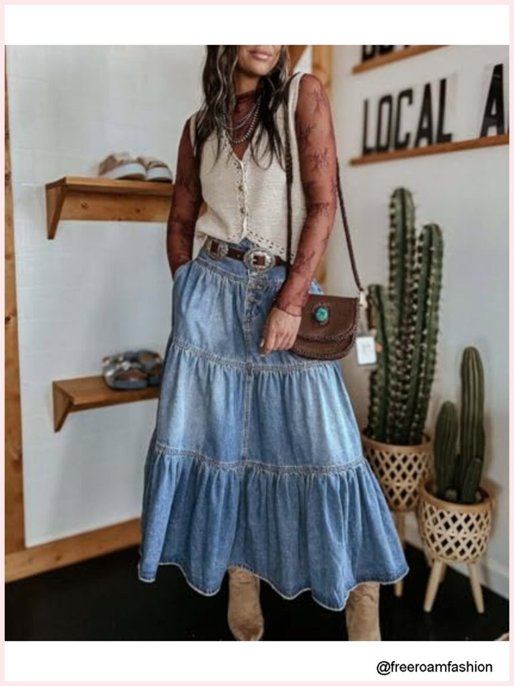Women's Boho Frayed Tiered Denim Skirt A-Line Maxi Long Jean Skirt - Picture 2 of 5